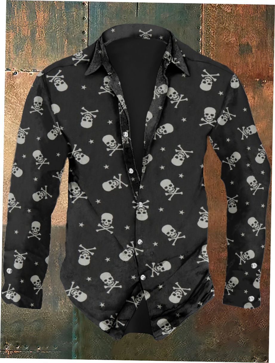Herren Langarmhemd mit anspruchsvollem Totenkopf-Design und modernem Schnitt Drune