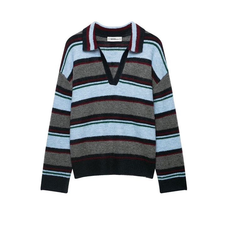 Damen Oversize Ringel-Pullover mit Polokragen und tiefem V‑Ausschnitt Drune