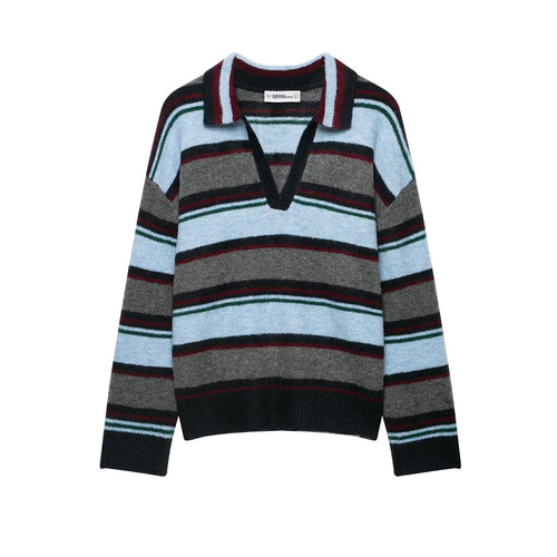 Damen Oversize Ringel-Pullover mit Polokragen und tiefem V‑Ausschnitt Drune