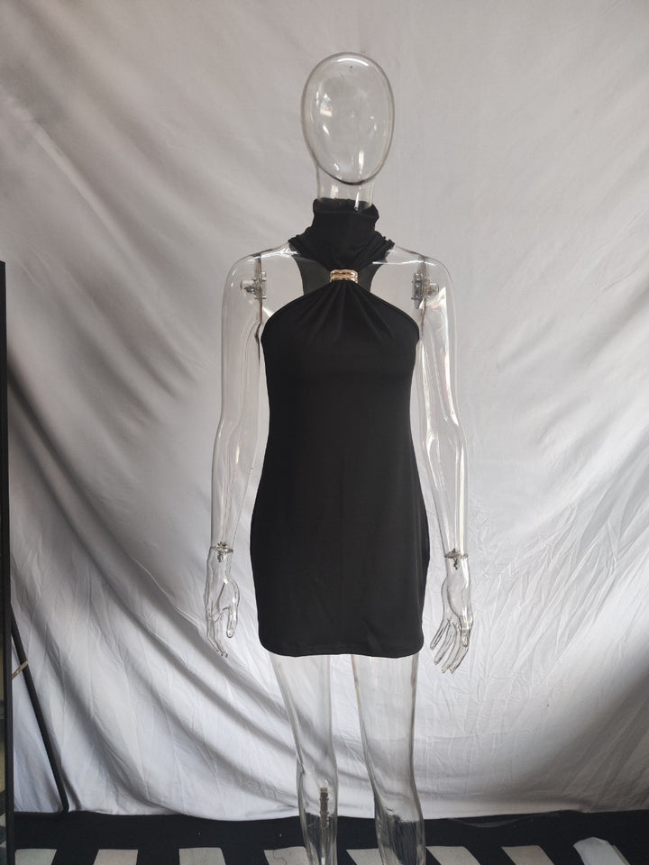 Damen elegantes Minikleid mit hohem Kragen und Details aus satinierter Textur Drune