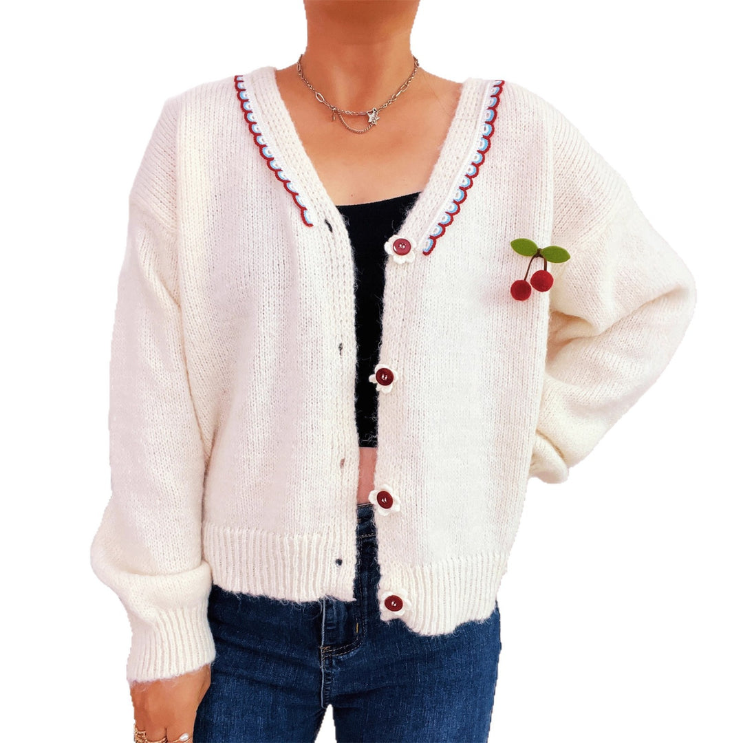 Damen kuschelige Strickjacke mit verspieltem Blütenmuster und Knopfdetails Drune
