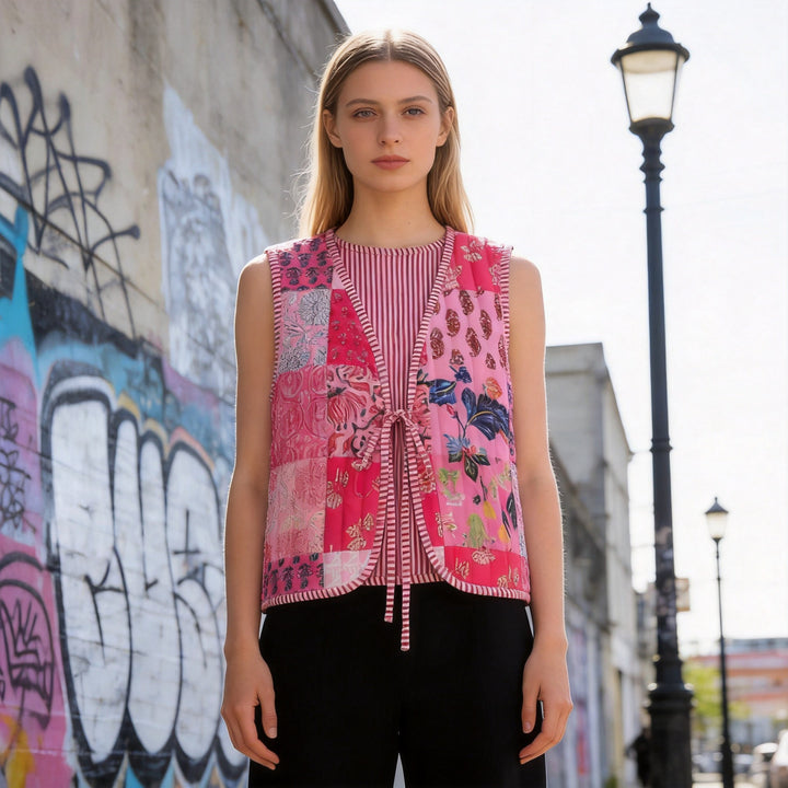 Damen Patchwork-Weste mit V-Ausschnitt, Bindeband und gestreiftem Innenfutter Drune