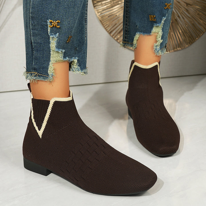Damen nan gestrickte Sock-Stiefelette mit elastischem V-Einsatz, Zugschlaufe und flachem Blockabsatz Drune