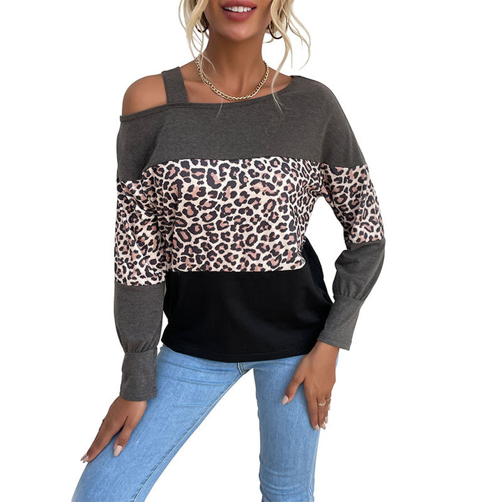Damen Legerer Off-Shoulder Pullover mit Leoparden‑Print, Kontrastblöcken und Spaghettiträger Drune