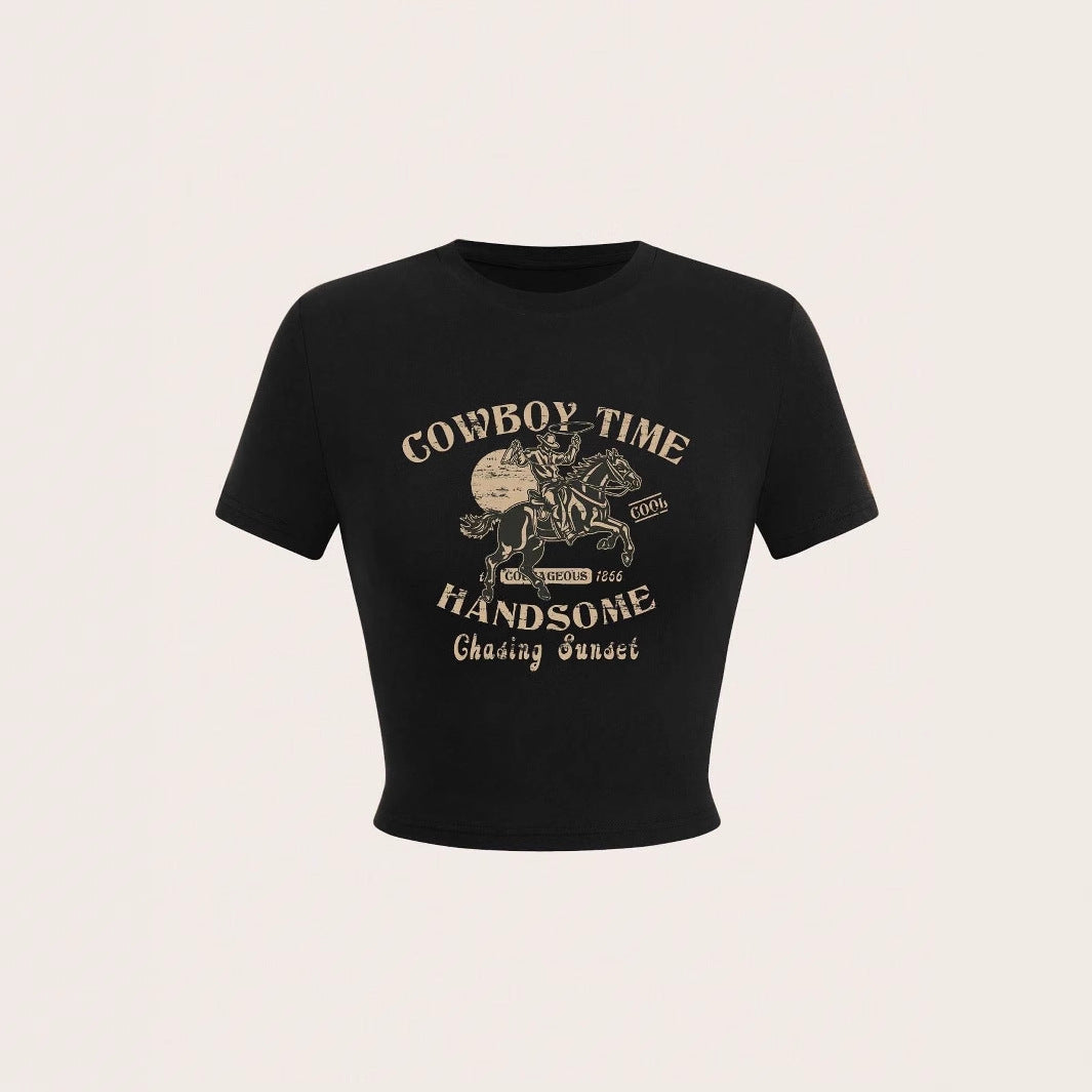 Damen Crop-Shirt mit auffälligem Cowboy-Motiv und stilvollem Schnitt Drune