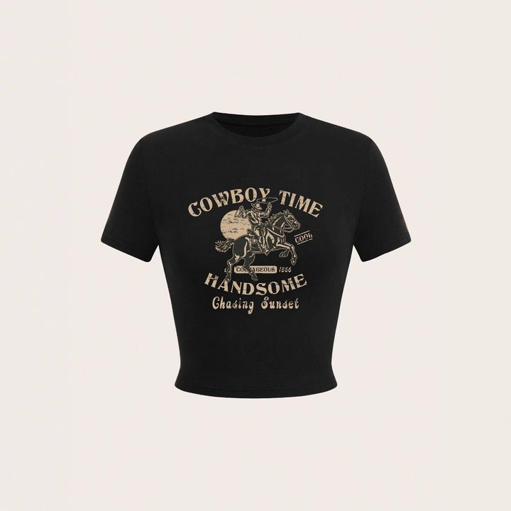 Damen Crop-Shirt mit auffälligem Cowboy-Motiv und stilvollem Schnitt Drune