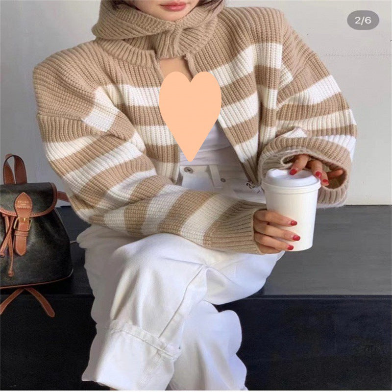 Damen modische Strickjacke mit hohem Kragen und breiten Streifen Drune