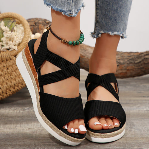 Damen Komfort-Keil-Sandalen mit elastischem Kreuzriemen und geflochtener Plateau-Sohle Drune