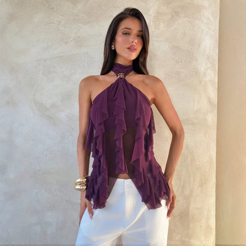 Damen nan Chiffon-Haltertop mit dekorativem Metallring und mehrlagigen Volants Drune
