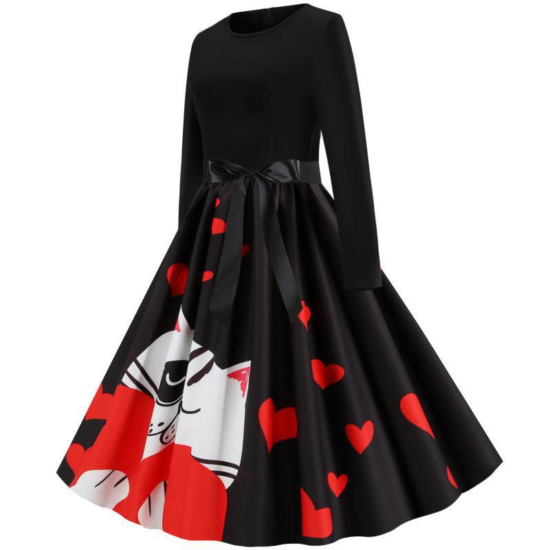 Damen Retro-Tellerkleid mit figurbetontem Oberteil, Satin-Taillengürtel und Katzen-Herz-Print Drune