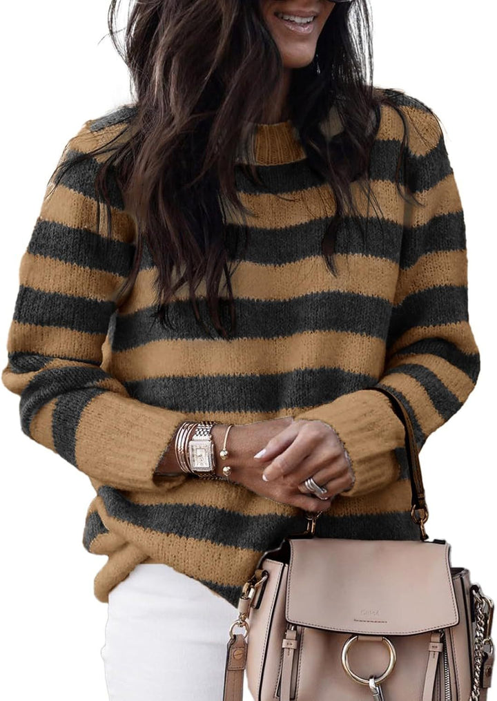 Damen lässiger Strickpullover mit breiten Querstreifen Drune