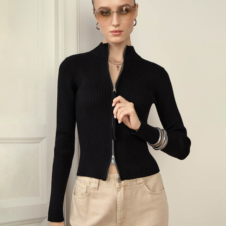 Damen sportlicher Strickpullover mit hohem Kragen Drune