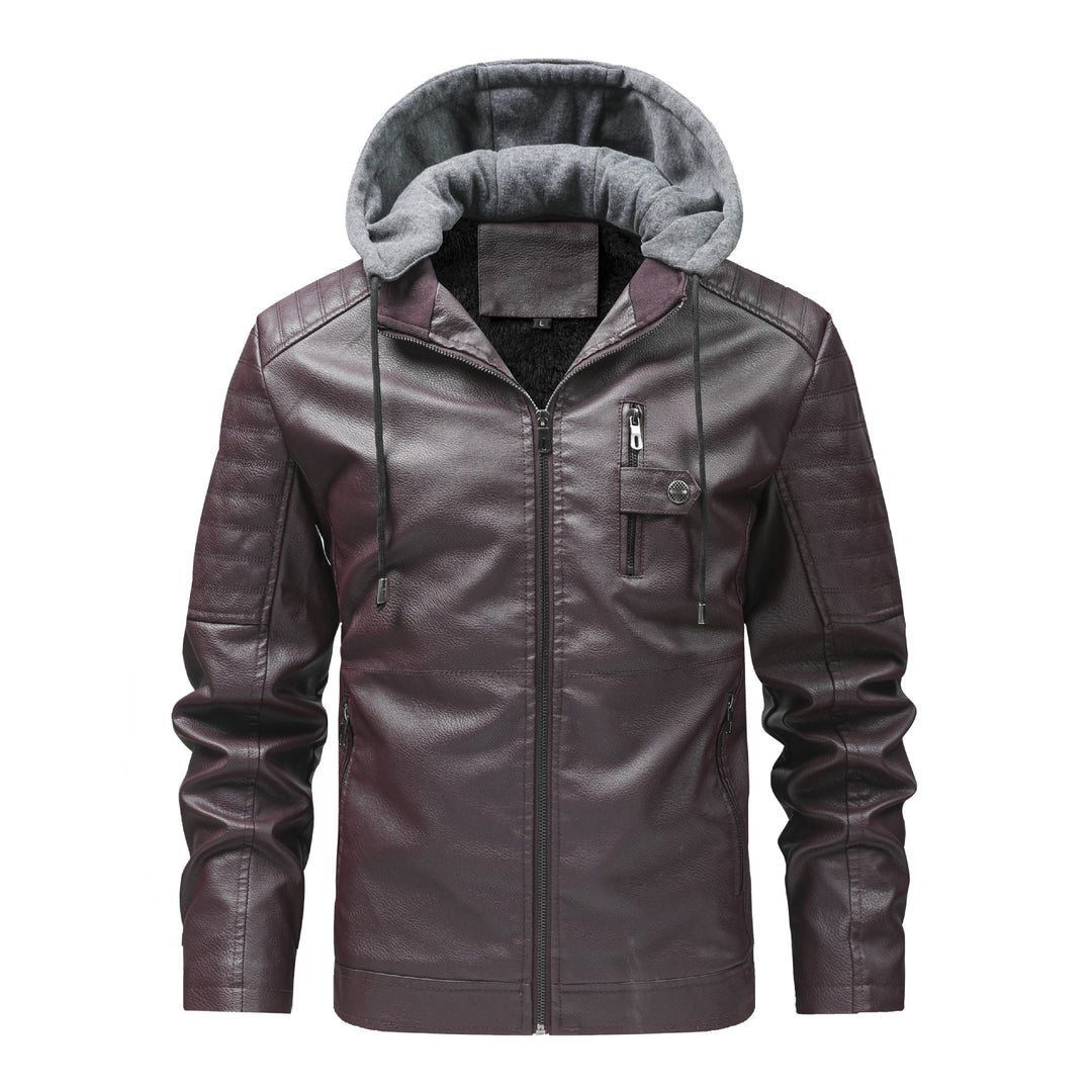Herren Modische Lederjacke mit Kapuze Drune