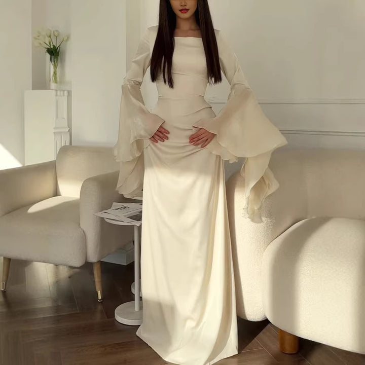 Damen Abendkleid mit Quadrat-Ausschnitt, transparenten Glockenärmeln und drapierter Taillenpartie Drune