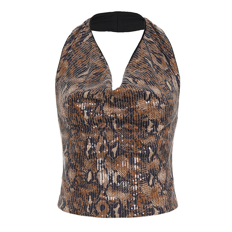 Damen Set aus schimmerndem Top und kurzen Shorts im Animal-Print Drune