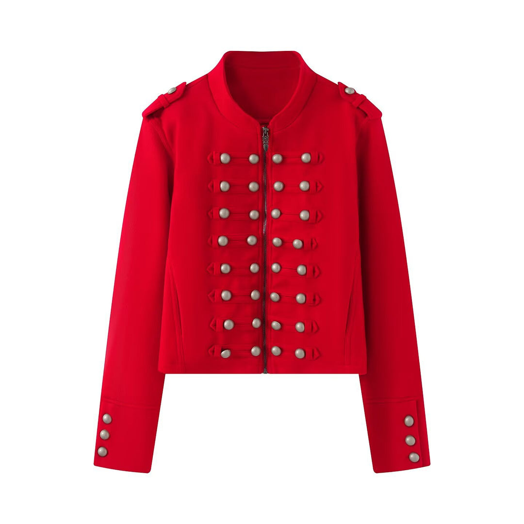Damen Kurzgeschnittene Militärjacke mit Perlenbesatz und Stehkragen Drune