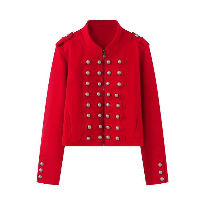 Damen Kurzgeschnittene Militärjacke mit Perlenbesatz und Stehkragen Drune