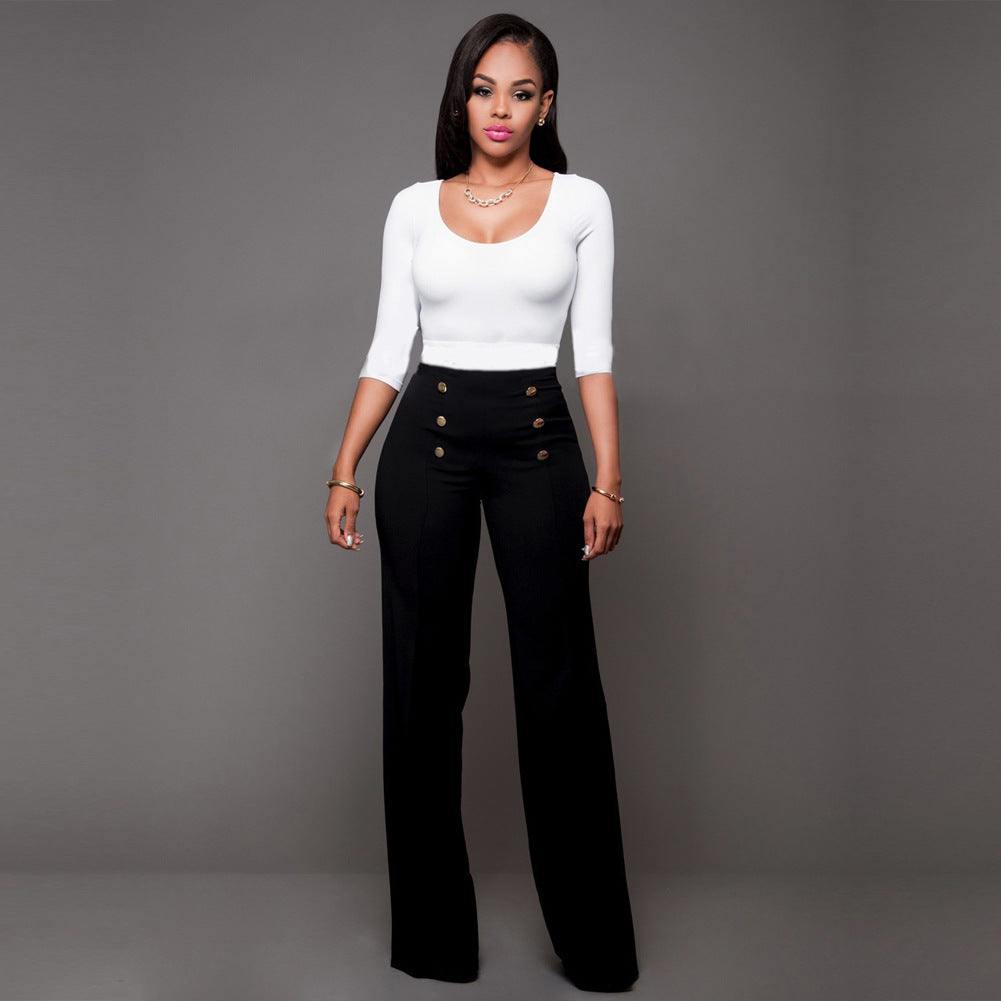 Damen hochtaillierte Palazzo-Hose mit dekorativen Knopfdetails Drune