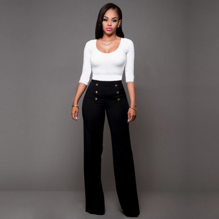 Damen hochtaillierte Palazzo-Hose mit dekorativen Knopfdetails Drune