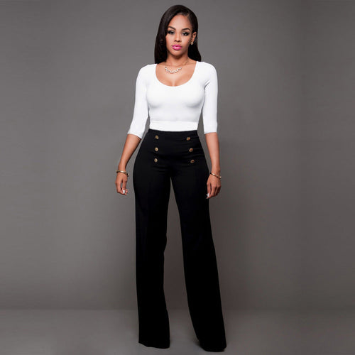 Damen hochtaillierte Palazzo-Hose mit dekorativen Knopfdetails Drune