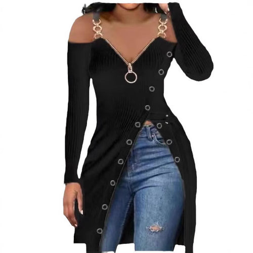 Damen Figurbetontes V-Ausschnitt Kleid mit Zipper und Schmuckdetails Drune