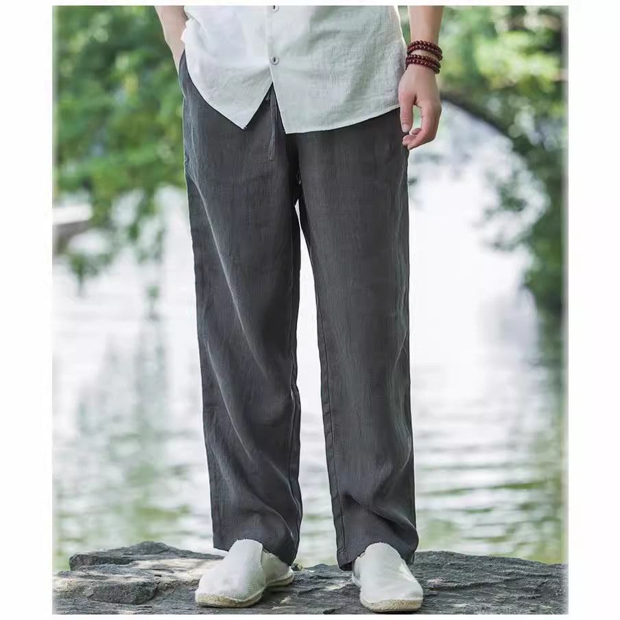 Herren nan leichte Leinenhose mit elastischem Bund weites Bein und seitlichen Eingrifftaschen Drune