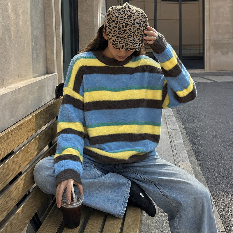 Damen Lässig gestrickter Pullover mit buntem Streifenmuster Drune