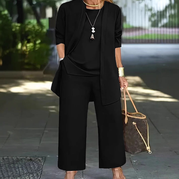 Damen Elegantes Zweiteiler-Set mit offenem Longcardigan, ärmellosem Top und weiter Palazzo-Hose Drune