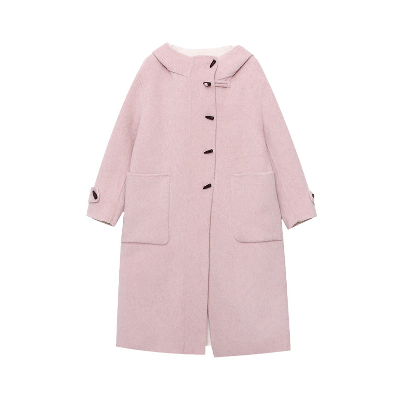 Damen eleganter Wollmantel mit hohem Kragen und Knopfdetails Drune