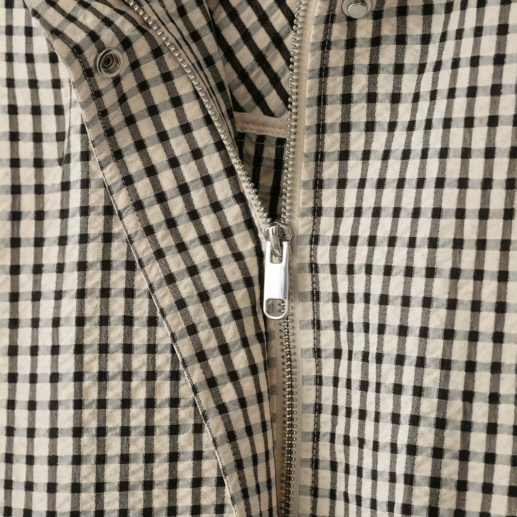 Damen nan kurz geschnittene karierte Blousonjacke mit Stehkragen elastischem Saum und verdeckter Reißverschluss Drune
