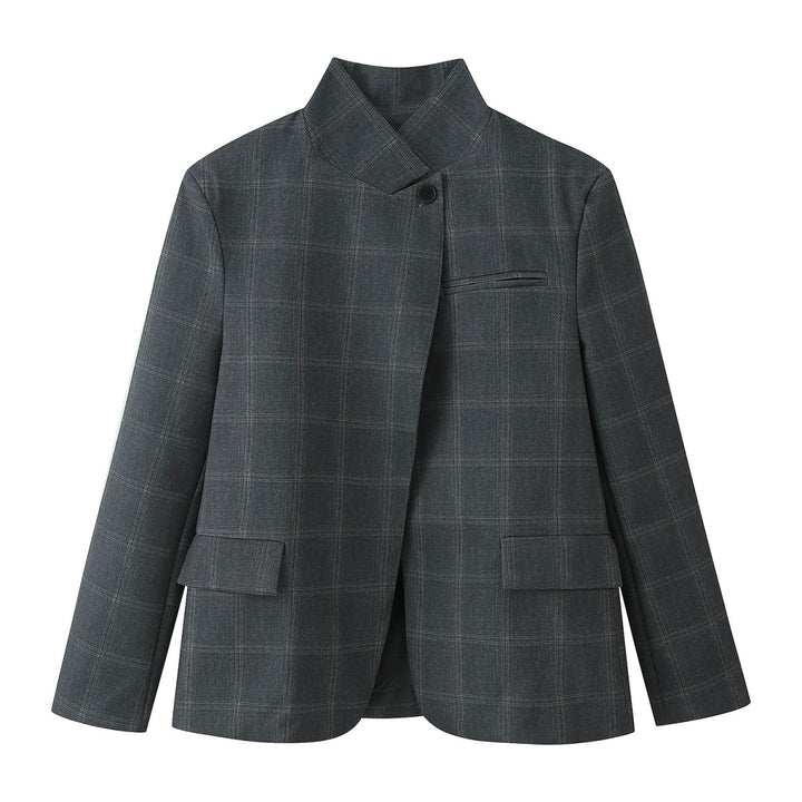 Damen 100+ Cropped Karoblazer mit Stehkragen, verdeckter Knopfleiste und Pattentaschen Drune