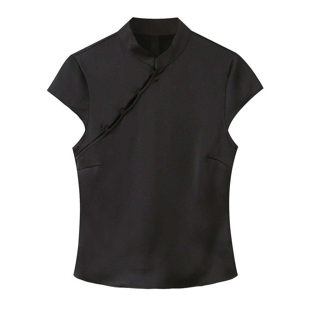 Damen elegantes Oberteil mit asymmetrischem Kragen und Knopfdetails Drune