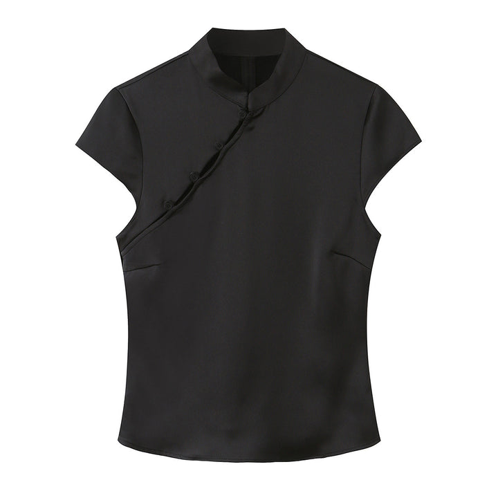 Damen elegantes Oberteil mit asymmetrischem Kragen und Knopfdetails Drune