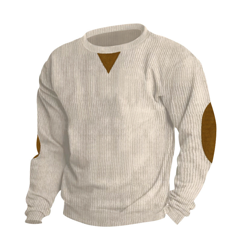 Herren nan grobgerippter Rundhals-Strickpullover mit Ellbogenpatches und Dreiecksdetail Drune