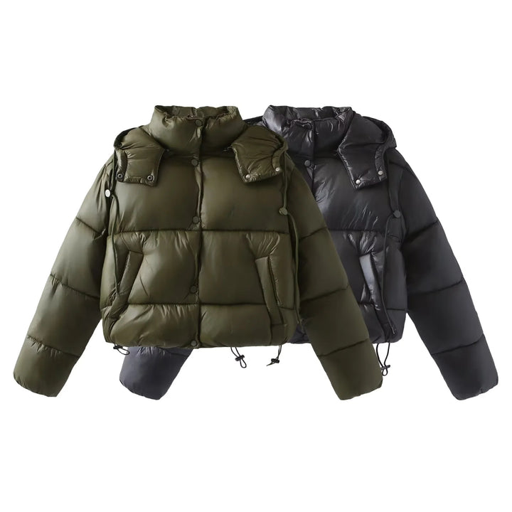 Damen nan oversized wattierte Kurzjacke mit abnehmbarer Kapuze, hohem Stehkragen und Tunnelzugsaum Drune