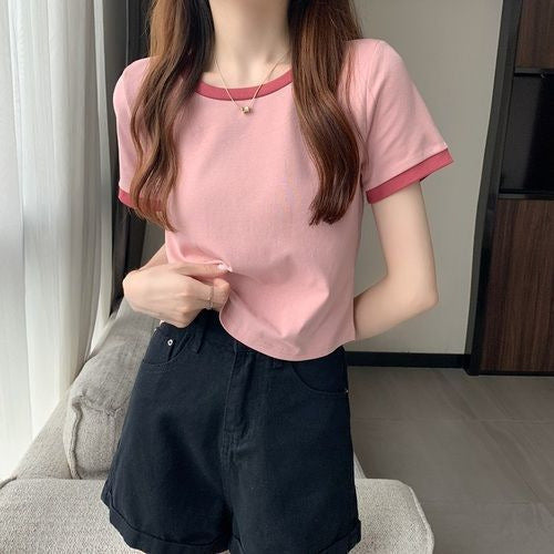 Damen Kurzarm T-Shirt mit kontrastierenden Abschlüssen und leichtem Baumwollstoff