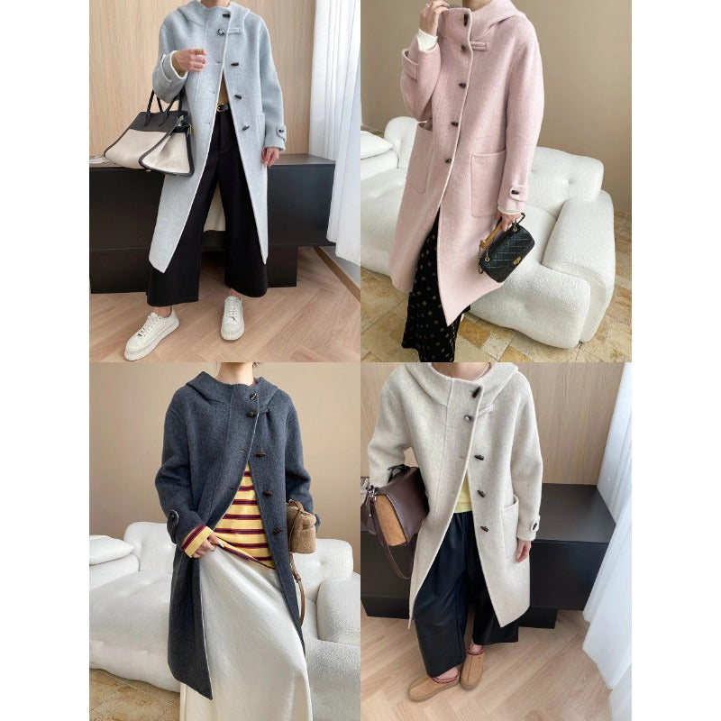 Damen eleganter Wollmantel mit hohem Kragen und Knopfdetails Drune