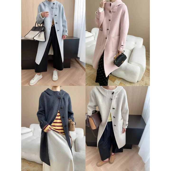 Damen eleganter Wollmantel mit hohem Kragen und Knopfdetails Drune