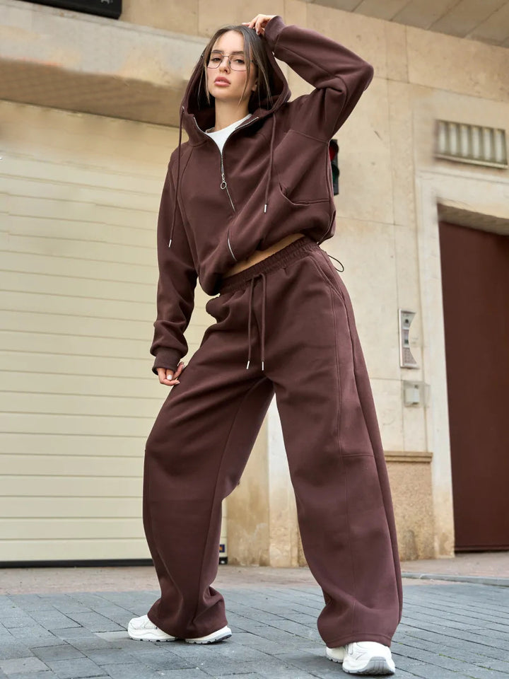 Damen Oversize-Zip-Hoodie mit Kängurutasche und hochgeschnittener Sweathose mit weiter Beinführung Set Drune