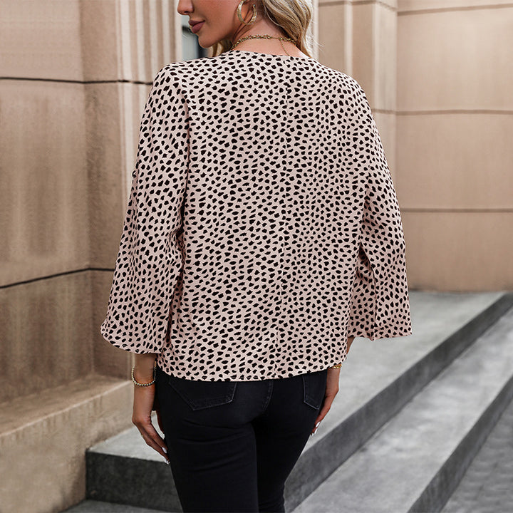 Damen V‑Ausschnitt Bluse mit lockerer Passform, 3/4-Ärmeln und dezentem Allover-Print Drune