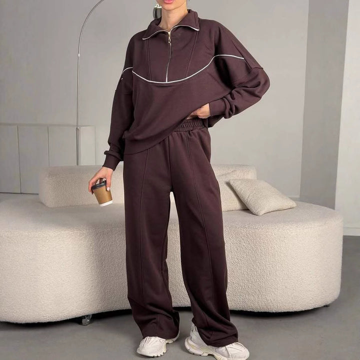 Damen Lockeres Loungewear-Set mit halbhohem Reißverschluss, überschnittenen Schultern und weiter Palazzohose Drune