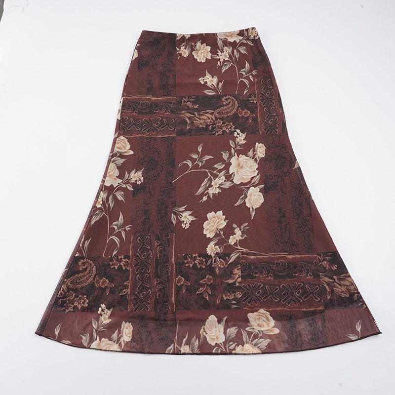 Damen Maxi-Rock mit floralem Design und transparenter Chiffon-Überlage Drune