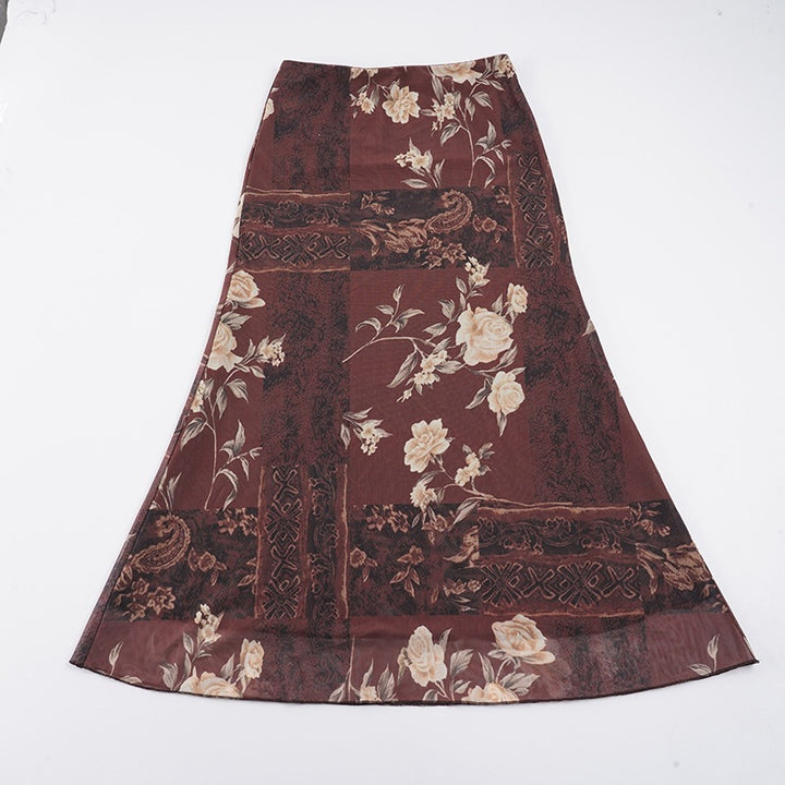 Damen Maxi-Rock mit floralem Design und transparenter Chiffon-Überlage Drune