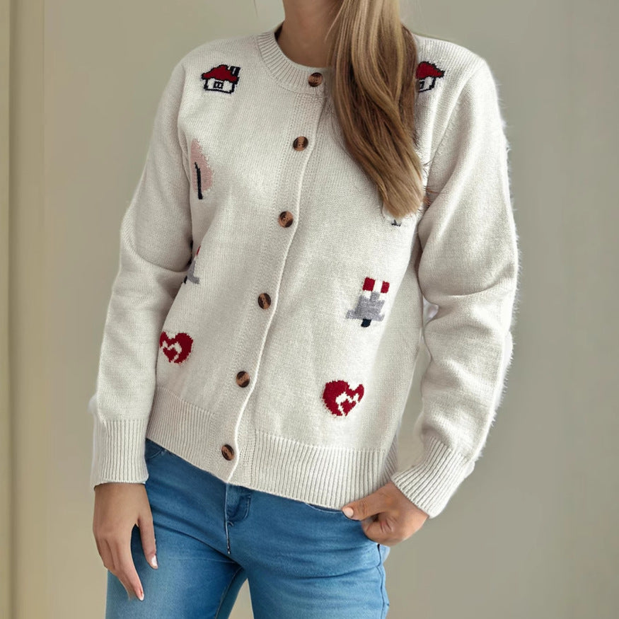 Damen Strickjacke mit bunten Applikationen und Knopfverschluss Drune
