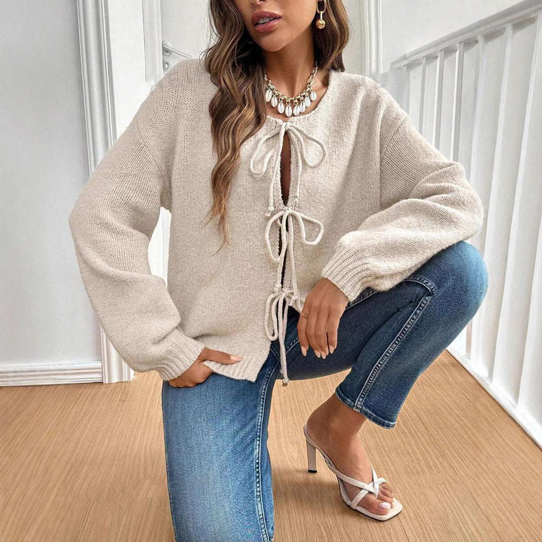 Damen lässiger Strickcardigan mit Bindebändern Drune