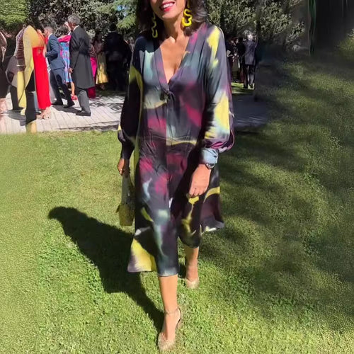 Damen nan fließendes Midikleid mit abstraktem Print, V-Ausschnitt, Ballonärmeln und Schmuckverschluss Drune