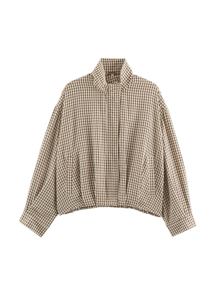 Damen Oversize Karierte Blousonjacke mit Stehkragen Drune