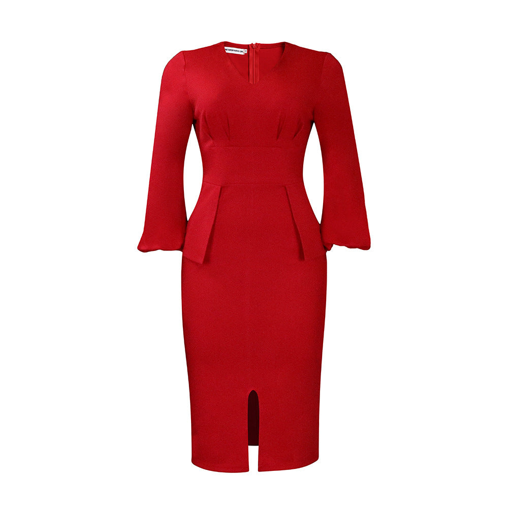 Damen Figurbetontes Midi-Kleid mit Puffärmeln und Schlitz Drune