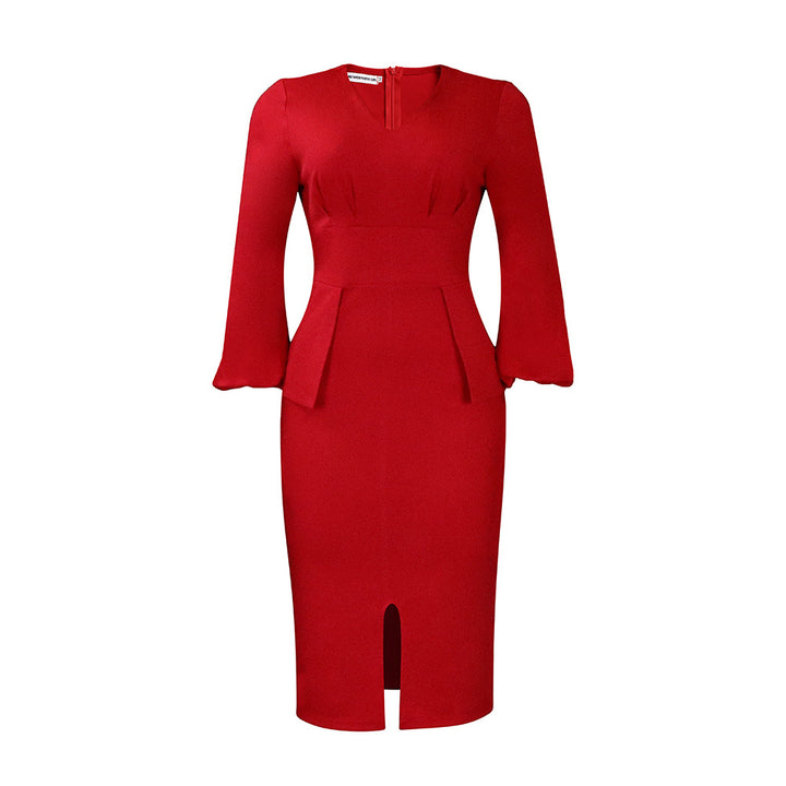 Damen Figurbetontes Midi-Kleid mit Puffärmeln und Schlitz Drune