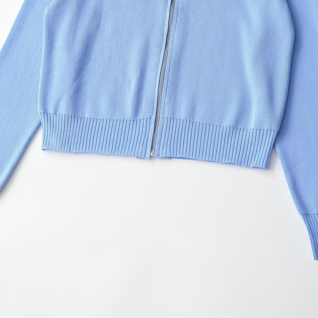 Damen Kurzgeschnittene Strickjacke mit breitem Reverskragen und Reißverschluss Drune